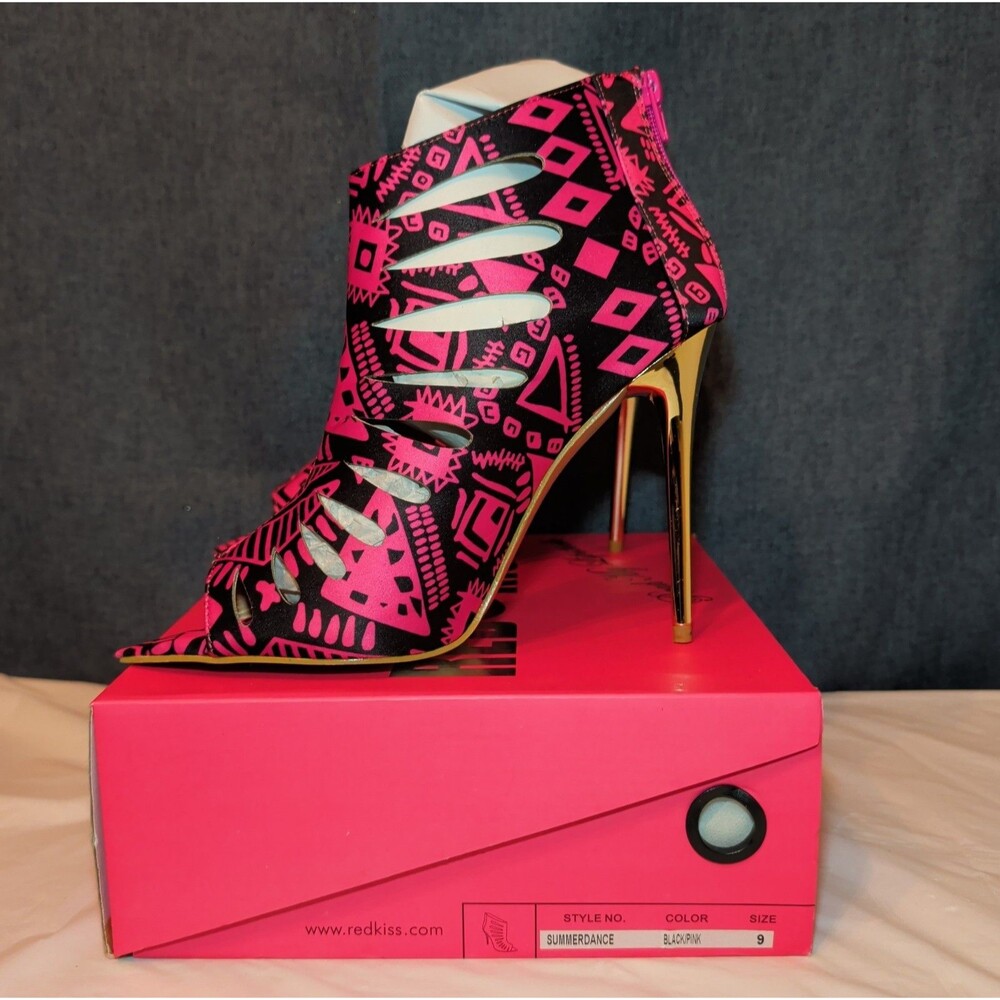 RedKiss Summerdance High Heels Size 9 Pink Black Caged Booties Stiletto Boxed - Picture 14 of 16